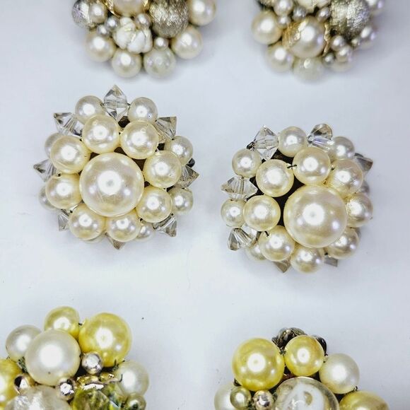 Lot Of Four Sets of Vintage Hand Beaded Japan Round Clip On Faux Pearl Earrings - Picture 5 of 16